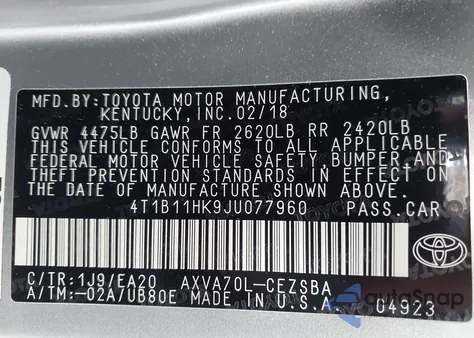 2018 Toyota Camry Se z USA, uszkodzony, nr VIN 4T1B11HK9JU077960